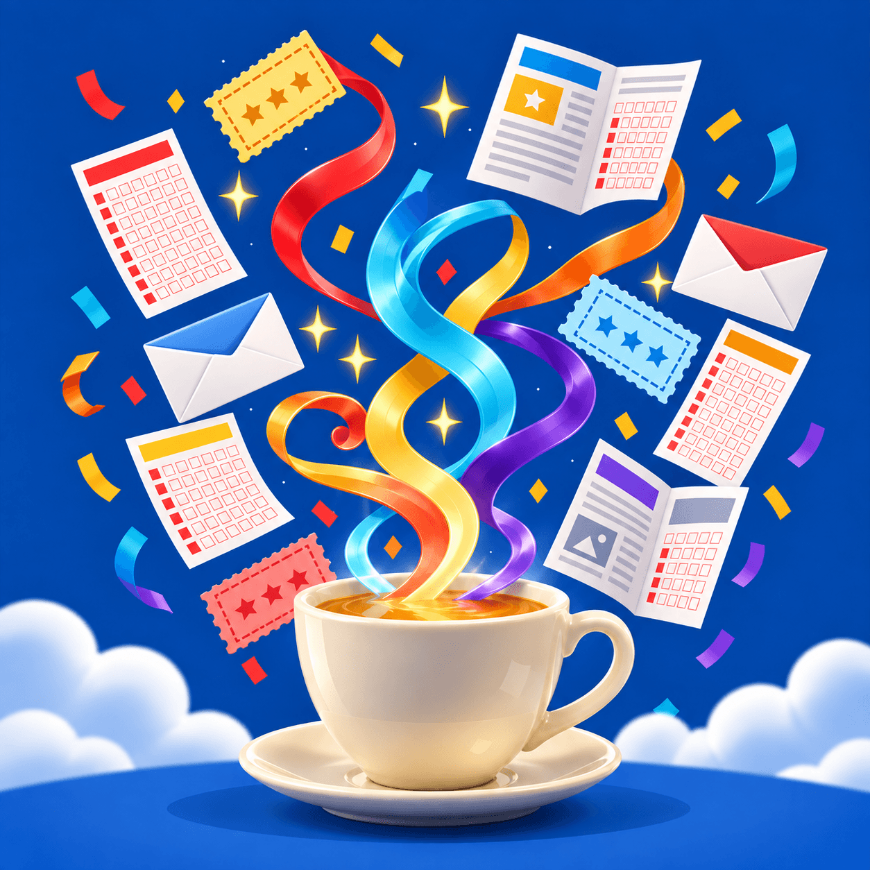 Colorful lottery celebration with tickets, pamphlets, ribbons, and a steaming cup